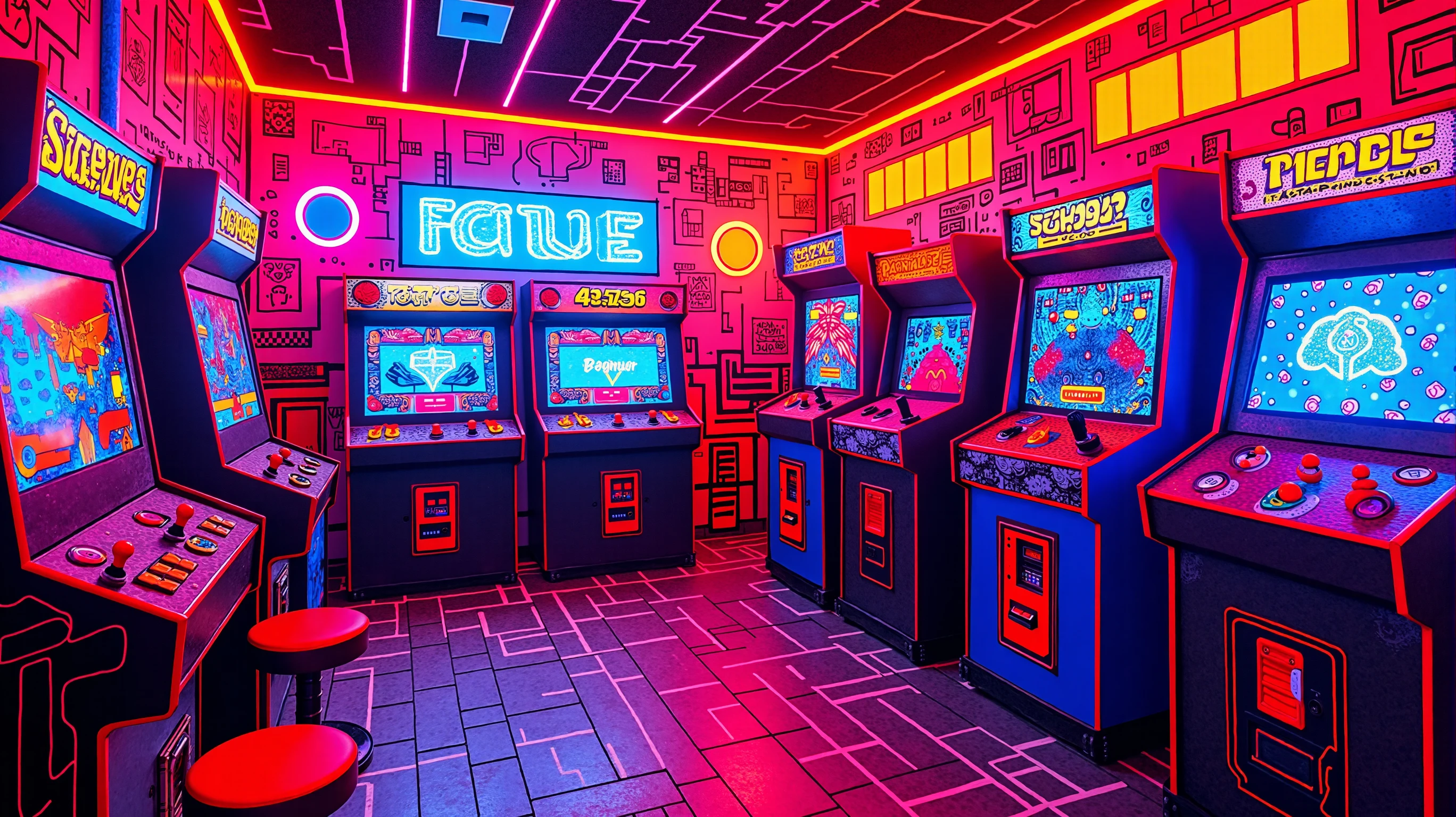 nescrip, A retro 80s arcade room filled with game machines, flashing lights, and scribbled neon outlines