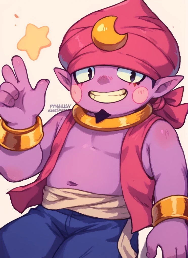 score_9, score_8_up, score_7_up, <lora:bsgene:1>bsgene , 1 boy , colored skin, ,pink vest , bracelet, pink headwear , ,blush stickers, blue pants , pointy ears bare shoulders, solo , simple background, <lora:PossumMachine:1>posmach , smile , looking at viewer, plump,