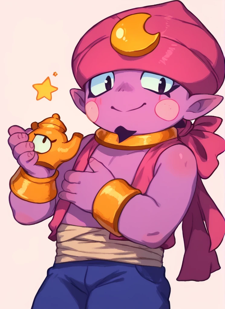 score_9, score_8_up, score_7_up, <lora:bsgene:1>bsgene , 1 boy , colored skin, ,pink vest , bracelet, pink headwear , ,blush stickers, blue pants , pointy ears bare shoulders, solo , simple background, <lora:PossumMachine:1>posmach , smile , looking at viewer, plump,