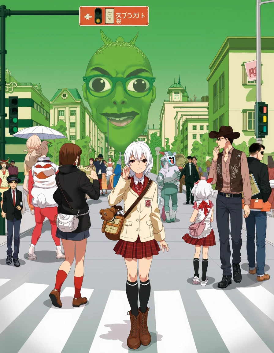 toha, japanese girl wearing uniform with white hair hand touching side of face book bag around shoulder plaid skirt bandana on knee knee high socks teddy bear on uniform, crosswalk, various characters walking in the crosswalk including a woman with boots, a woman witha  black jacket and sunglasses, a man with a mohawk carrying a parasol, a cowboy, a business man, a person in a bunny suit, a girl with white hair and cat ears, green city, green sky, stop light with japanese text, building with big eyed creature