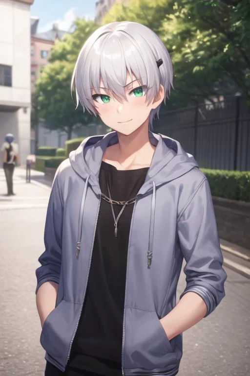 masterpiece, best quality, high quality, 1boy, solo, male focus, looking at viewer, upper body, <lora:hiroto_suzuki:0.52>, hiroto_suzuki, green eyes, white hair, , hoodie