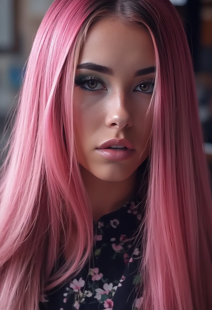 realistic closeup photo of a woman, heavy makeup, direct eye contact, photograph, ,long pink hair, emo outfit, m4d1s0n