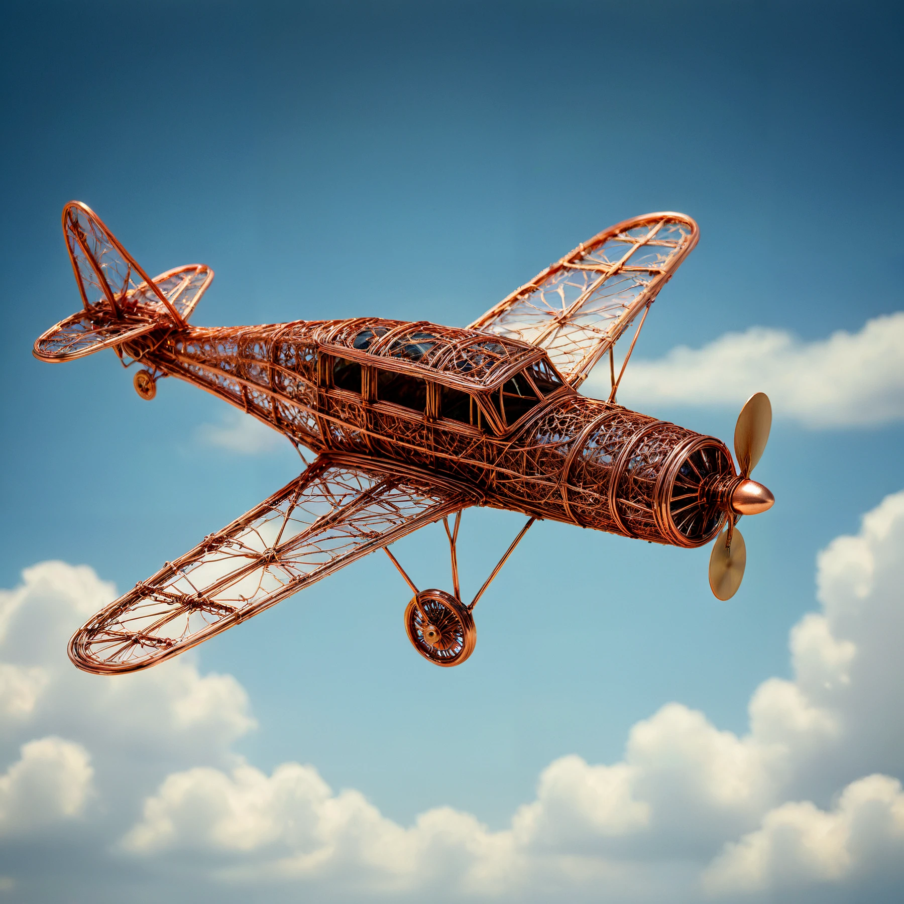 A copper wire aeroplane, soaring through the sky.

<lora:CopperWire01a_CE_SDXL_64x32x180x2bOT:0.6> cprwrCE style