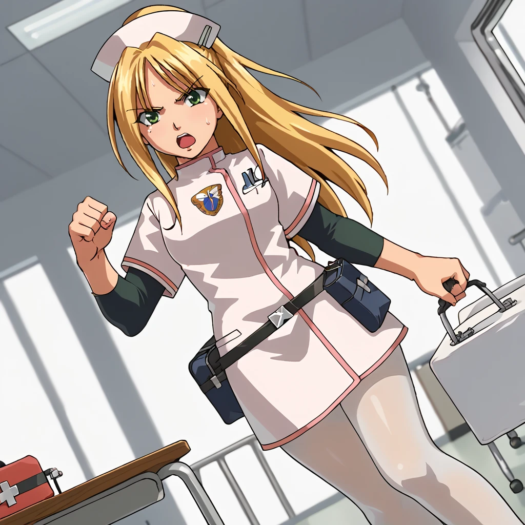 score_9, score_8_up, score_7_up, 1girl, solo, uncensored, angelathompson, serious, looking at viewer, shouting,  holding first aid kit, running, sweat, dutch angle, dynamic pose, action lines, blonde hair, green eyes, nurse cap, white nurse uniform, black sleeves, white pantyhose, indoors, hospital, operating table, surgery <lora:AngelaThompsonXL_v1.0:1>