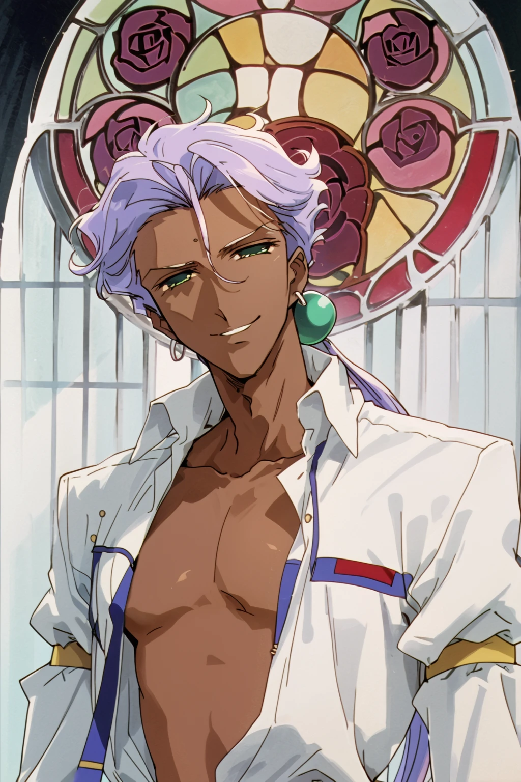 utenaki, (akio), solo adult male, dark skin, (long lilac hair), low ponytail, green eyes, sultry gaze, smirk, open shirt, smooth chest, <lora:utenakiPXL:0.9>, rose stained glass chapel, (score_9, score_8_up, score_7_up)