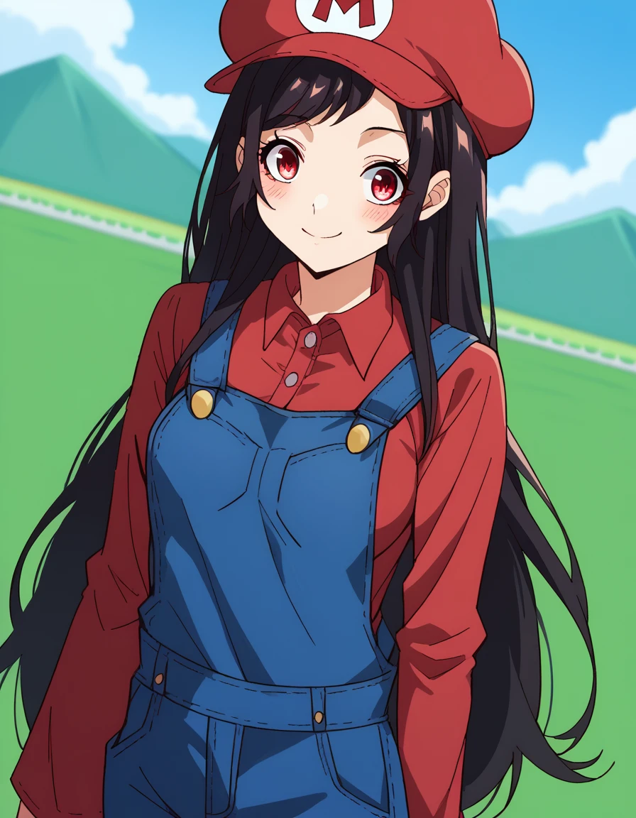 score_9, score_8_up, score_7_up, source_anime, <lora:kaori-houjou-s1-ponyxl-lora-nochekaiser:1>, kaori houjou, long hair, bangs, black hair, red eyes, sidelocks, medium breasts, <lora:mario-cosplay-ponyxl-lora-nochekaiser:1>, mariocosplay, mario (cosplay), blue overalls, overalls, shirt, red shirt, long sleeves, collared shirt, hat, red hat,, landscape, blush, smile, , cowboy shot, dutch angle,