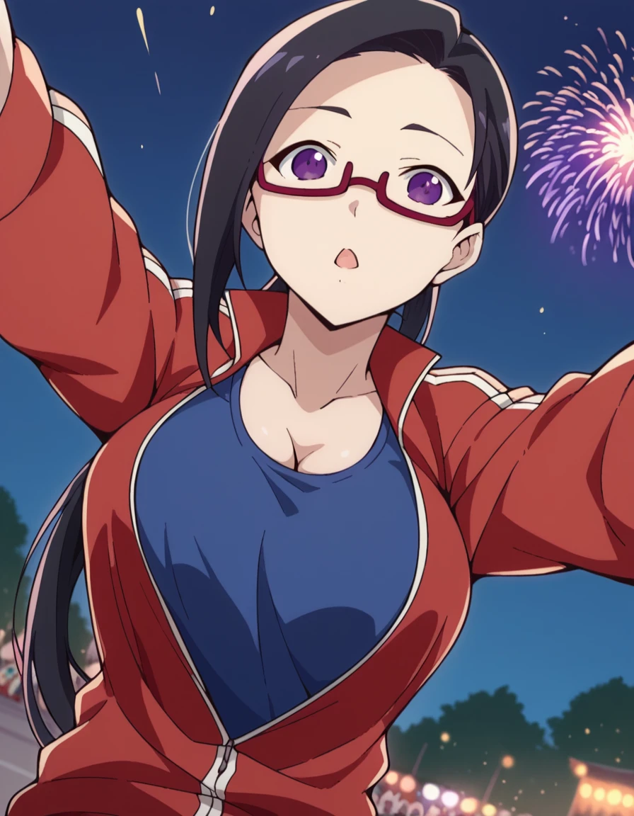 score_9, score_8_up, score_7_up, source_anime, <lora:sakie-satou-s1-ponyxl-lora-nochekaiser:1>, sakie satou, long hair, black hair, purple eyes, glasses, semi-rimless eyewear, red-framed eyewear, under-rim eyewear, large breasts,, ponytail, jacket, track jacket, track suit, red jacket, open clothes, shirt, blue shirt, collarbone, cleavage,, festival, fireworks, summer night, food stall, traditional, arms up,, , , on back, arm support, arms up, incoming hug, pov, reaching, reaching towards viewer,, solo,, cowboy shot, dutch angle,