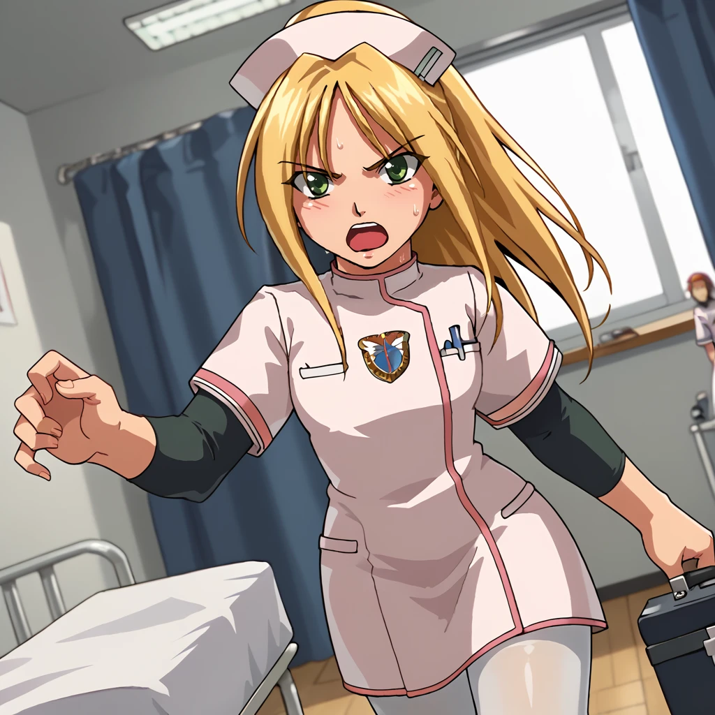 score_9, score_8_up, score_7_up, 1girl, solo, uncensored, angelathompson, serious, looking at viewer, shouting,  holding first aid kit, running, sweat, dutch angle, dynamic pose, action lines, blonde hair, green eyes, nurse cap, white nurse uniform, black sleeves, white pantyhose, indoors, hospital, operating table, surgery <lora:AngelaThompsonXL_v1.0:1>