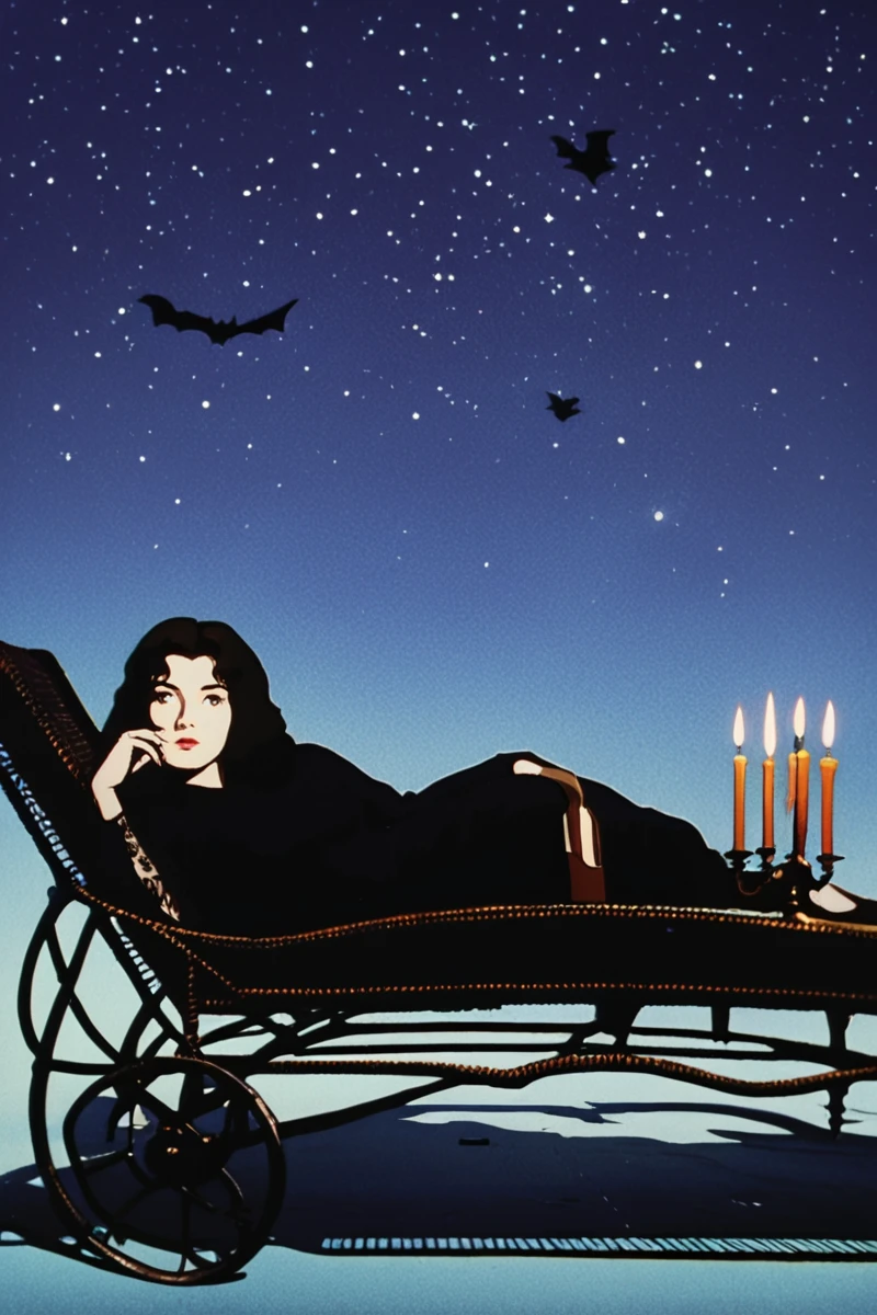 hires digital photo, photorealism, simple background,  <lora:c4r0ylnj0ne3Pony:0.8> c4r0ylnj0ne3 girl, long black hair, black dress, heels, lying sideways on lounge chair, outdoors, night, candlesticks, bats flying in night sky, nebulae, stars, PonyXL_Scores, intricate details, high resolution,, rating_safe