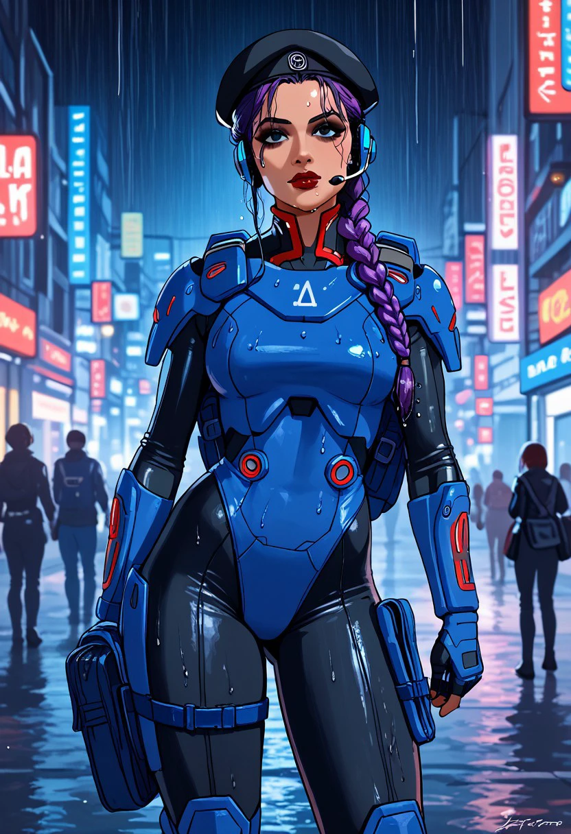 score_9, score_8_up, score_7_up, best quality, fusilier:1.2, masterpiece, cyberpunk indian girl, indian woman skin, tilaka, long twin braid, bangs, blue military satchel beret, dark eyeshadow, blue armour, panoceania, violet hair, military insignias, stripes, red lips, headset, blue and gray power armour, black bodysuit, assault rifle, on a cyberpunk street at night, neon signs, american city, heavy rain, wet, wet hair, wet skin, wet clothes, bokeh, vibrant, surreal colours, High Definition HD, High Detail, Perfect Composition, mythp0rt