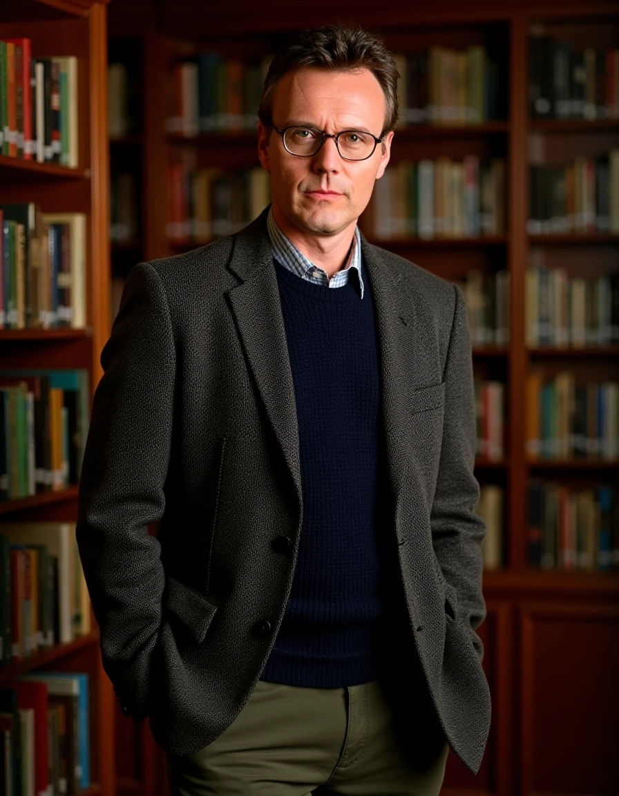 <lora:Rupert_Giles_Flux:1>The image is a photograph featuring a man standing in a library ,wearing a tweed blazer,, glasses and a textured navy blue sweater and olive green pants. He has short, hair styled neatly.