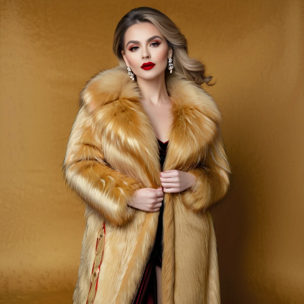 professional fullbody photography of a european woman in a golden furr coat with red lips<lora:Professional_Photography:1>