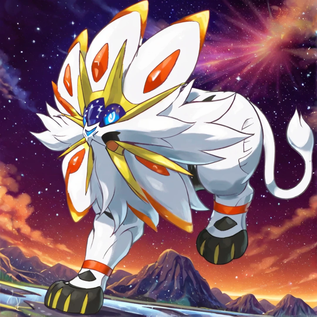 <lora:Solgaleo:1>, solgaleo, is a large, white pokÃ©mon resembling a lion, has a blunt muzzle, with a blue-gray nose, and pale blue eyes, the top half of its face is a deep blue area, that shows a constantly changing starscape, four yellow spikes, head like a crown, two more pairs of spikes adorn either side of its lower jaw, Solid ridgesâred nearest its head, and yellow pokes out of each tuft along the middle, except on the tufts on its cheeks and chin, topmost part wrapping around the tip of the tuft, its mane creates the impression of a stylized sun, around each leg is a dark orange band, a black spot on each foot, it has three black toes, on each foot with long yellow claws, at the tip of its tail, is a large black spot, with a thin yellow rim, solo, in a park, running, looking at viewer, high in the sky