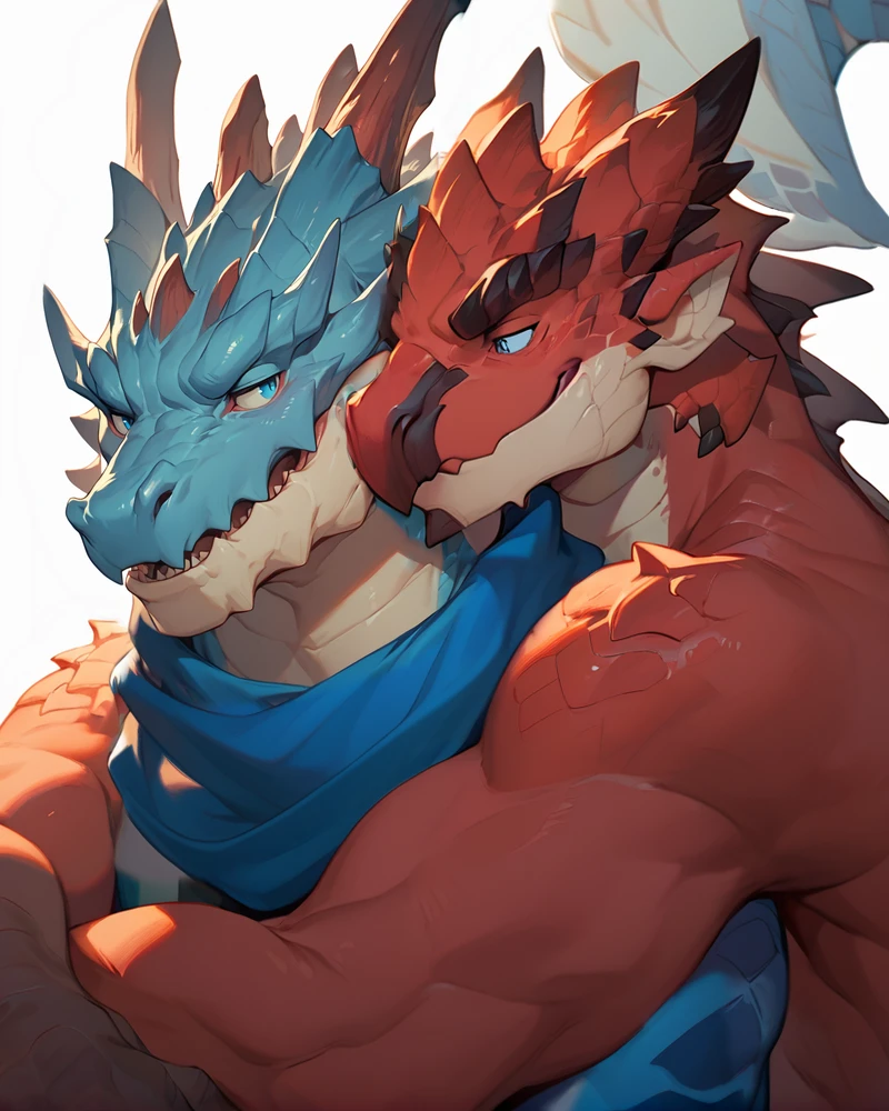 score_9,score_6_up,score_8_up,score_7_up,score_5_up,score_4_up,zPDXL,hi res,digital media (artwork),
authro,dragon,blue body,male,blue body BREAK
authro,dragon,blue body,male,red body BREAK
clothed,shirt,blue scarf,red shirt,topwear,scarf,shirt,red topwear,
male focus,blue eyes,upper body,white background,yaoi,simple background,hug from behind,closed mouth,duo,looking at another,(hug:1.2),(hug from behind:1.3),<lora:Rathalos-XL:1>,Rathalos,red body,detail scales,black beak,