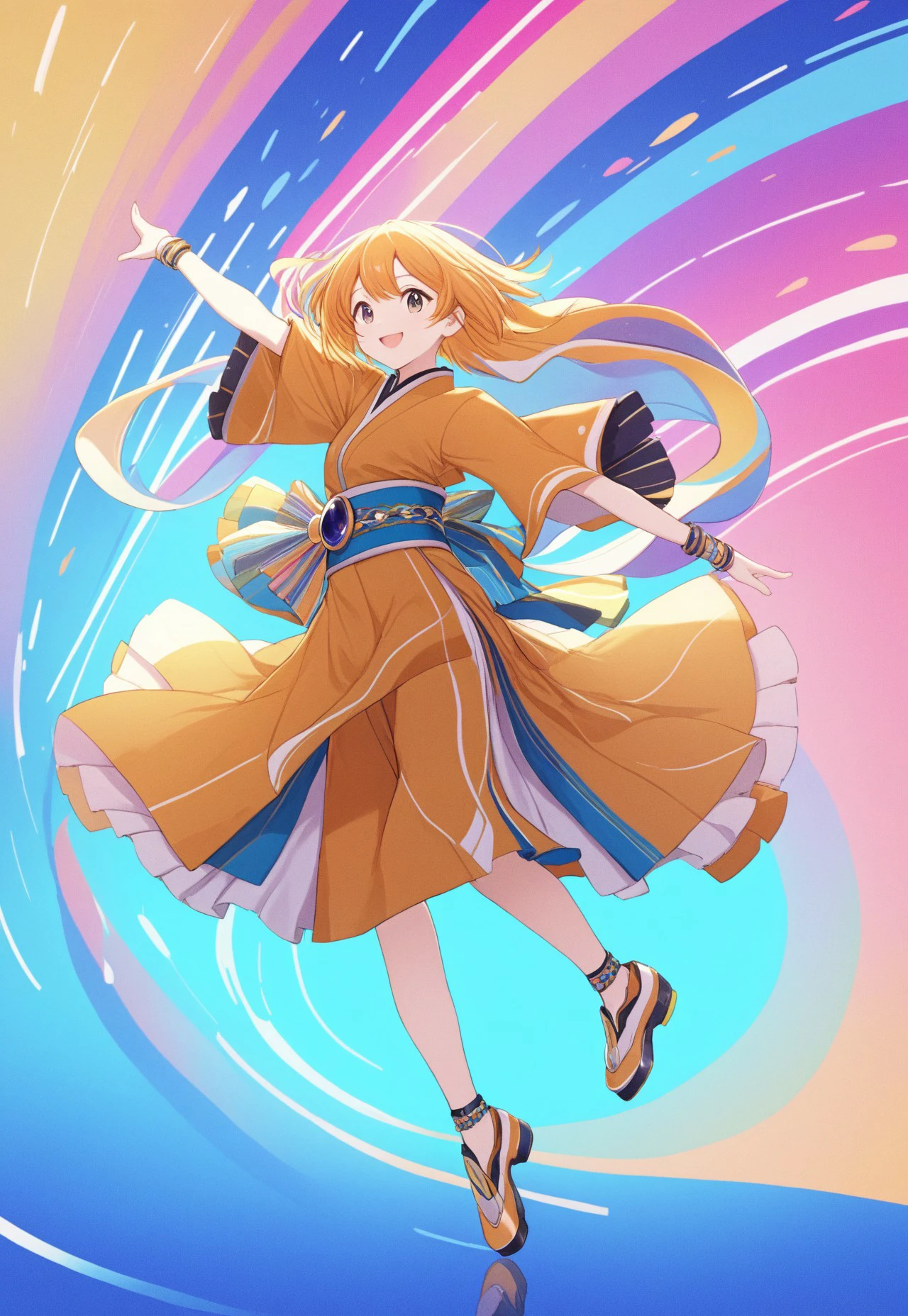 end, (anime styled dancer:1.3), (sprightly kimono fusion:1.4), (Irish cultural outfit:1.2), (futuristic yet retro:1.3), (2D fashion:1.1), (joyful expression:1.5), (dynamic pose:1.2), (vibrant colors:1.3), (whimsical background:1.2), (flowing fabrics:1.1), (celebration of life:1.4), lively and enchanting