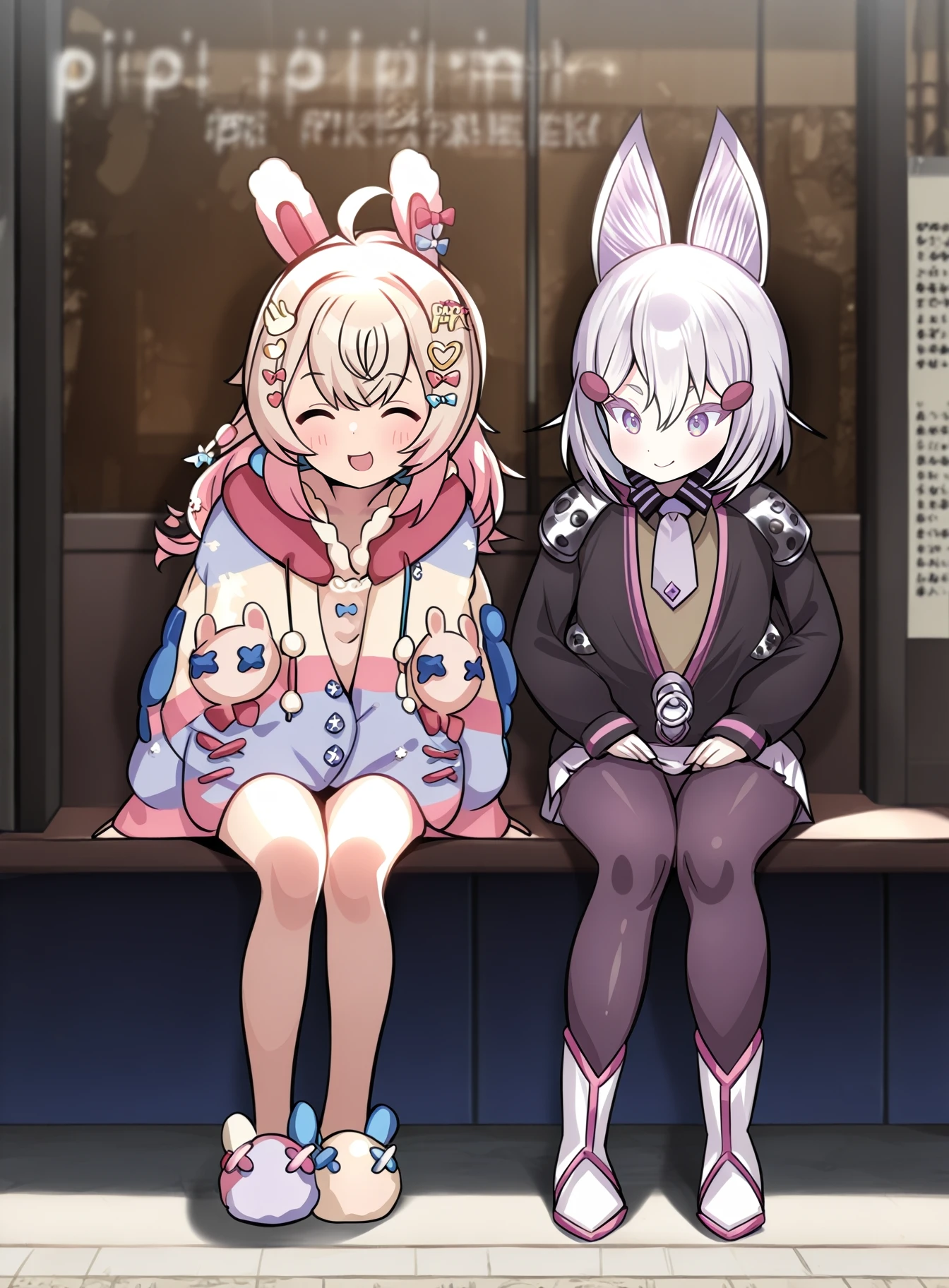 (onono imoko, kaedeko \(kaedelic\):0.8), (mokopekko, ciloranko:0.6), 2girls, sitting, cafe, talking, smile, eyes closed, masterpiece, best quality<lora:pippa-tenma:1>
ADDCOMM
1girl, pipkin pippa, rabbit girl, hoodie, slippers
ADDCOL
1girl, tenma maemi, fox girl, black jacket, black pantyhose, white boots