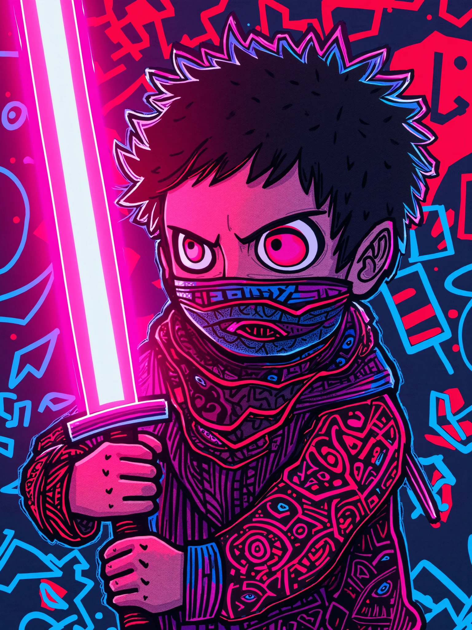 nescrip, ninja kid holding the neon blade.