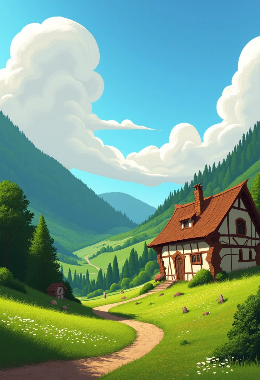 Quaint cottage in a secluded valley, clouds