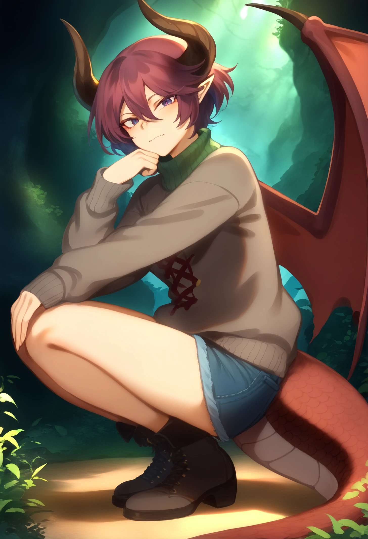 by mashuu \(neko no oyashiro\), by khyle., masterpiece, best quality, 1girl, grea, dragon tail, short hair, Squatting, hand on own knee, elbow rest, blank expression, denim shorts, sweater, thornwind vale, thorny vines, mystical creatures, verdant wilderness, sleeves past wrists, looking at viewer, <lora:Grea_v3_TOFU:1>