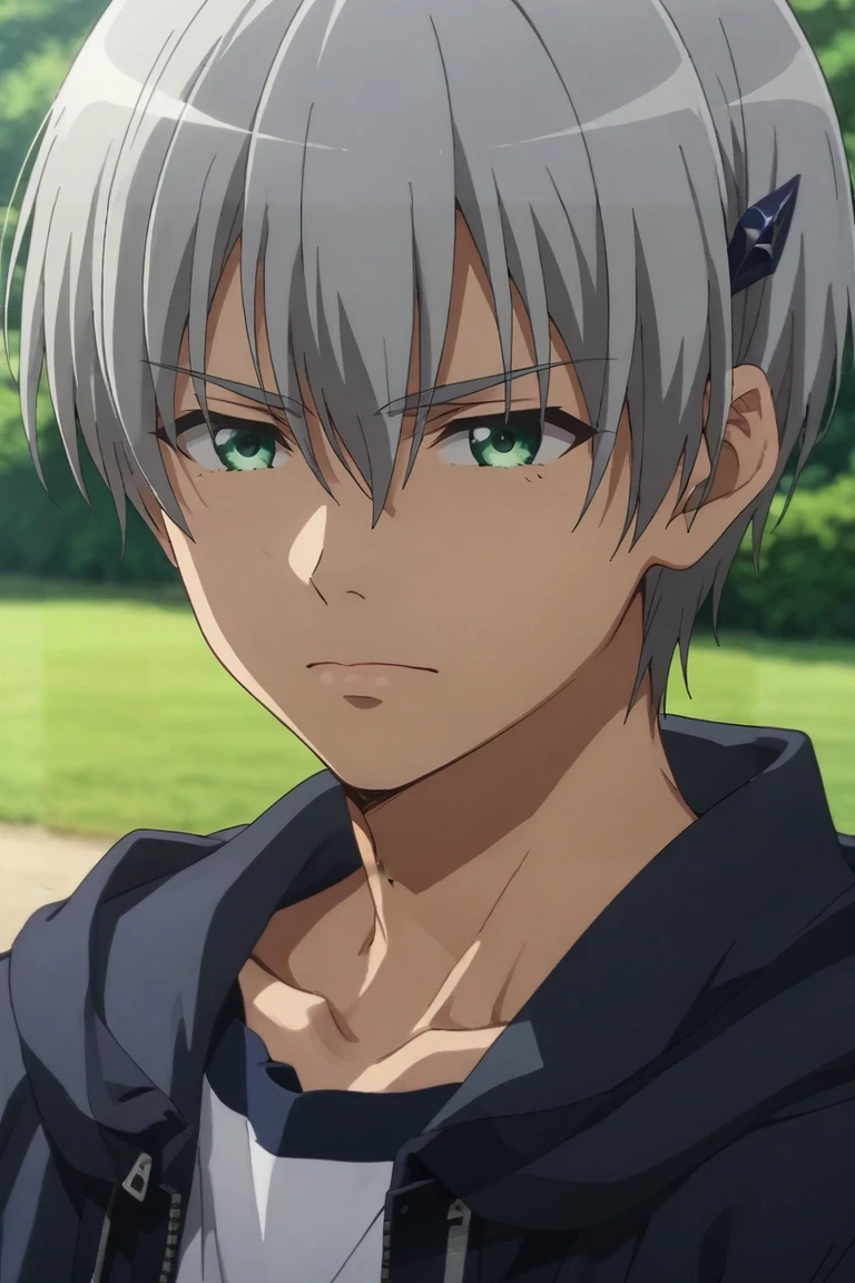 score_9, score_8_up, score_7_up, source_anime, rating_safe, , anime screencap, , , , depth of field, 1boy, solo, male focus, <lora:hiroto_suzuki_pony:0.78>, hiroto_suzuki, grey hair, green eyes, short hair, bangs, hair between eyes, hair ornament, , , <lora:sdxl_lightning_8step_lora:1>