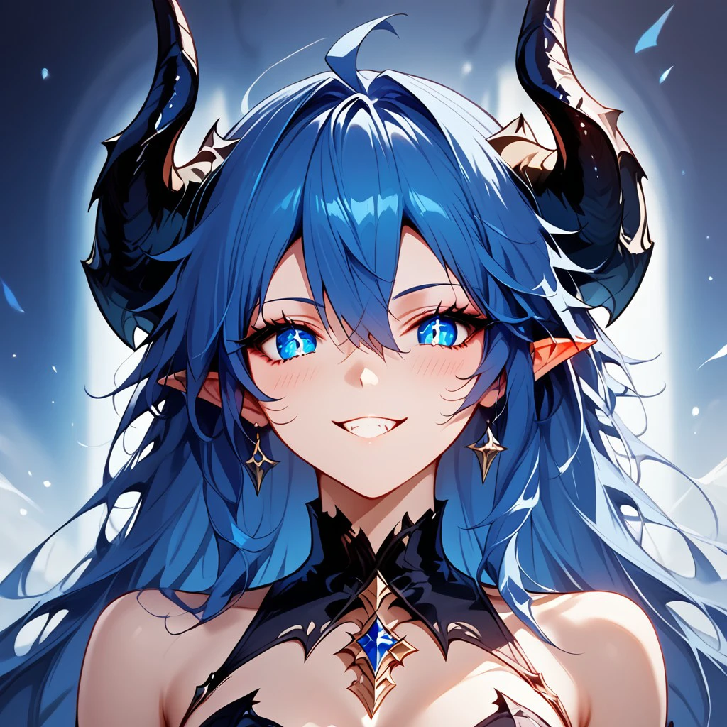 (masterpiece), best quality, expressive eyes, perfect face, 1girl, horns, blue hair, demon, sexy, Drestoria Style, <lora:521f6c51-ff44-4223-b2e2-91b411364e20:0.8>