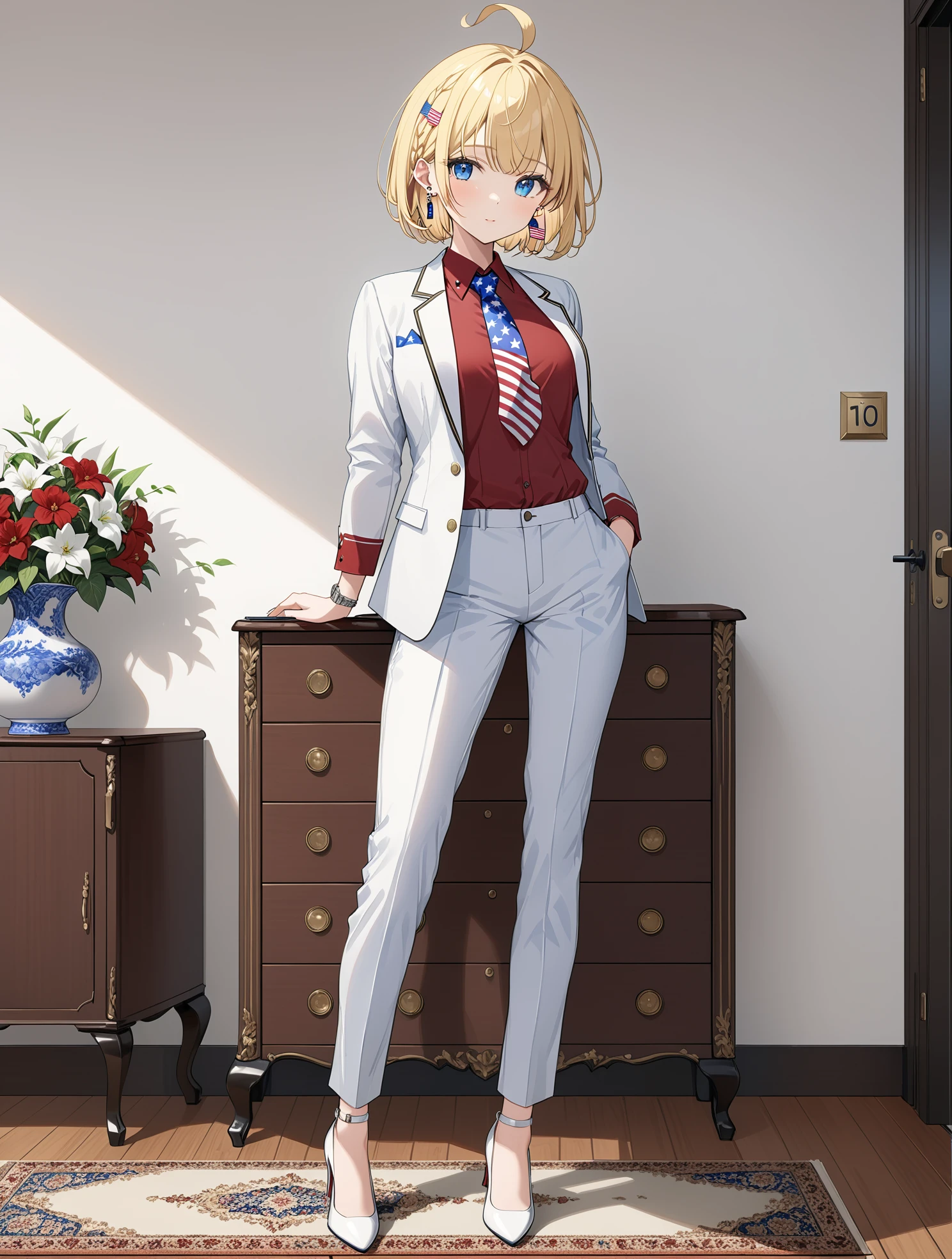 <lora:M1911_Girls_Frontline  (PONY):1> m1911, american flag tie, blue_eyes, blonde_hair, short_hair, bangs, ahoge, solo white pantssuit, red blouse, heels, earrings, white suit jacket, closed jacket, highend apartment setting, wood floors, rug, white walls, painting on wall, score_9, score_8_up, score_7_up, masterpiece, high quality, 8K, <lora:detailed_notrigger:1>