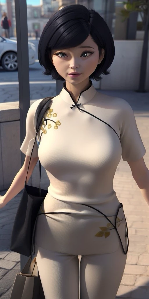 Hyperrealistic, photorealistic, super detailed, white Cheongsam with a red black and gold plant design, blue trousers, gray eyes, short black hair with blue highlights, body like in real life, large pores, fair skin, short, beautiful arms, medium breasts, unreal engine, octane render, droped shadow, bokeh, cinematic lighting, <lora:add_detail:0.5>, <lora:Volumetric_lighting:0.6>, Sabine Cheng, <lora:3eec2536-ee60-46c7-b61e-d14fd03d3ae0:0.7>