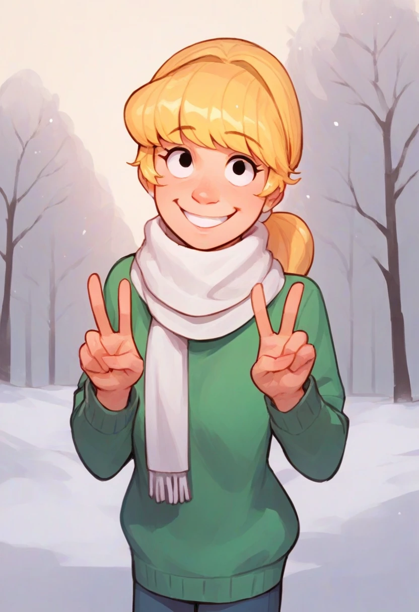 source_cartoon, score_9, score_8_up, score_7_up, solo, karen, blonde hair, ponytail, 1girl, sweater, white scarf, snow, double v hand sign, smile