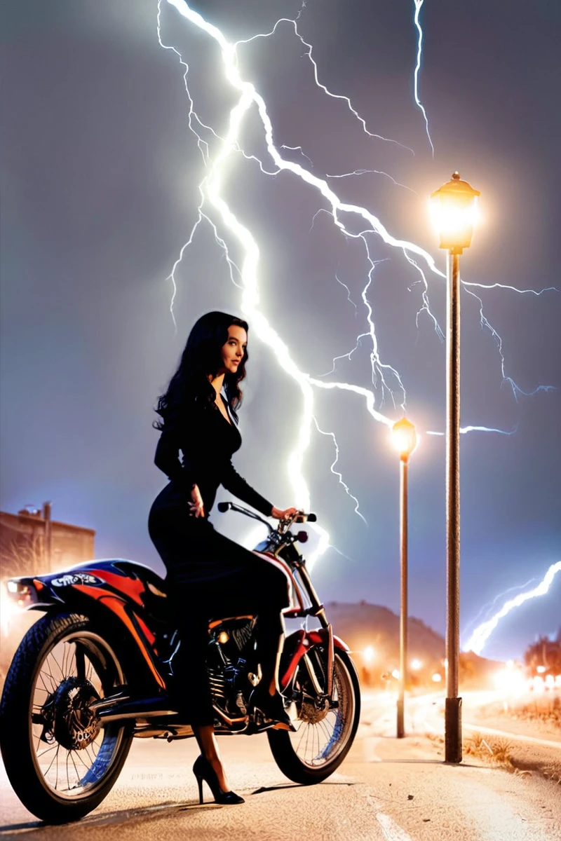 hires digital photo, photorealism, simple background,  <lora:c4r0ylnj0ne3Pony:1.0> from side, low angle, c4r0ylnj0ne3 solo, riding motorcycle, looking to the side, looking away, long black hair, black dress, heels, outdoors, night, highway, electric poles, desert, lightning, wind, PonyXL_Scores, intricate details, high resolution,, rating_safe