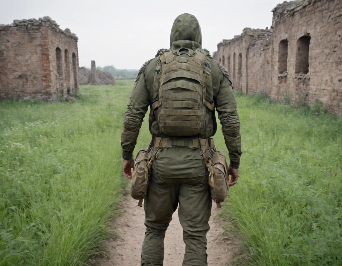 	man, stalker, among ruins, run, perfect hand, realizm, hyperrealystic, postapocalyptic, stalker suit, from behind, green backpack