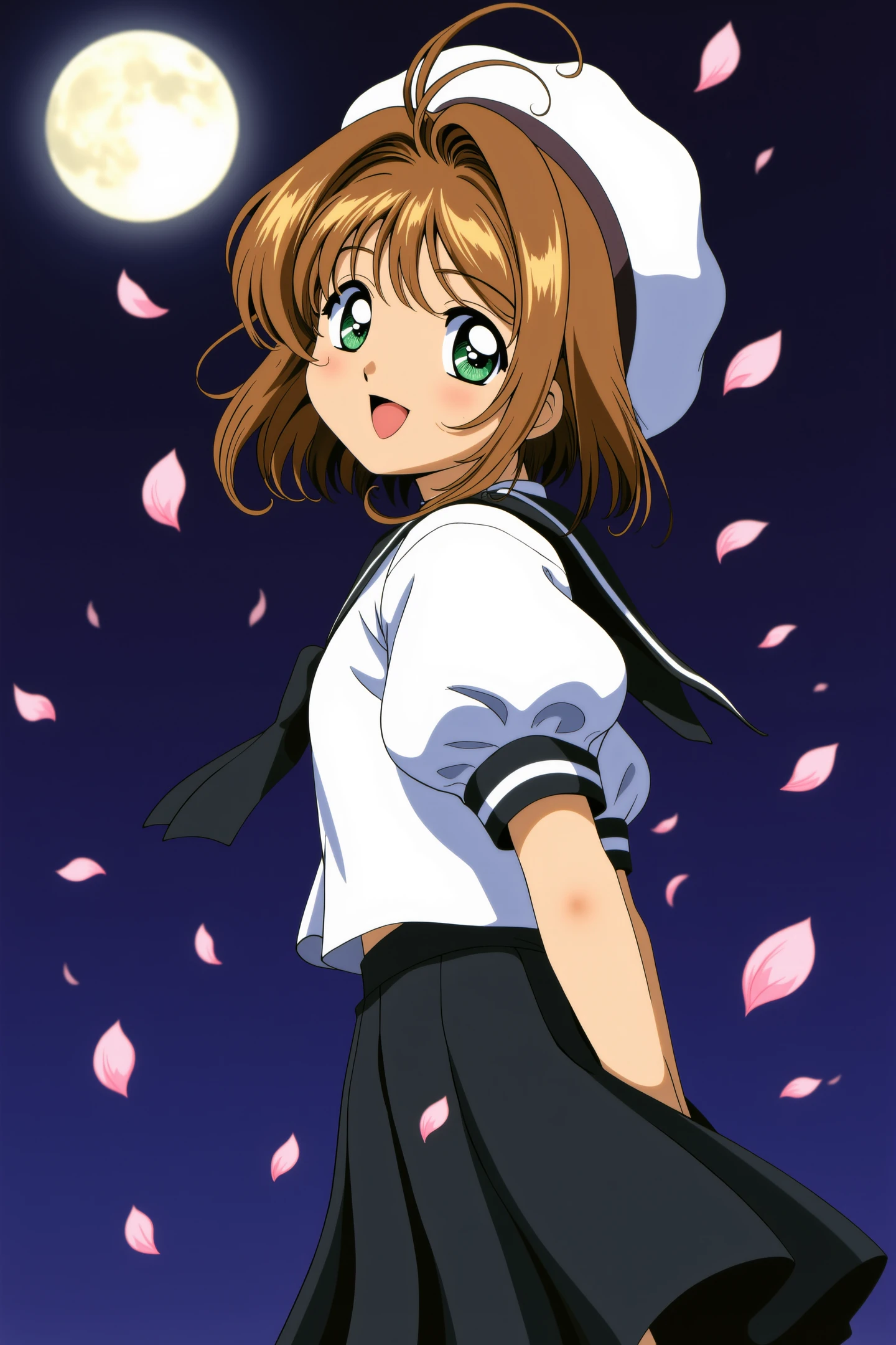 1girl,kinomoto sakura,solo,tomoeda elementary school uniform,green eyes,brown hair,skirt,school uniform,open mouth,hat,short sleeves,short hair,looking at viewer,smile,petals,puffy sleeves,black skirt,puffy short sleeves,antenna hair,white headwear,looking back,cherry blossoms,sailor collar,:d,white shirt,shirt,bangs,arms behind back,night,moon,dark backround,
<lora:Card Captor Sakura Anime_FLUX:1>