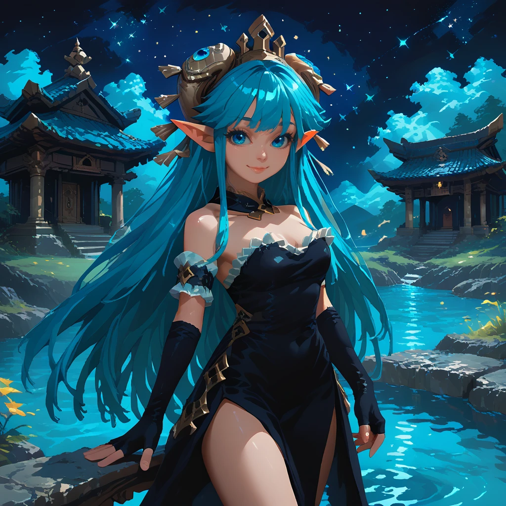 score_9, score_8_up, score_7_up, score_6_up, score_5_up, score_4_up, <lora:taoistp-v1:0.9>, sktaoistp, 1girl, solo, long aqua hair, blue eyes, pointy ears, jeweled crown, detached collar, strapless black dress, fingerless black gloves, elbow gloves, bridal garter, arm garter, black boots, smile, closed mouth, looking at viewer, water_temple, standing, starry sky, night, dark, shadow,
, <lora:Expressive_H:0.4> Expressiveh  <lora:vivid_everclear:1>