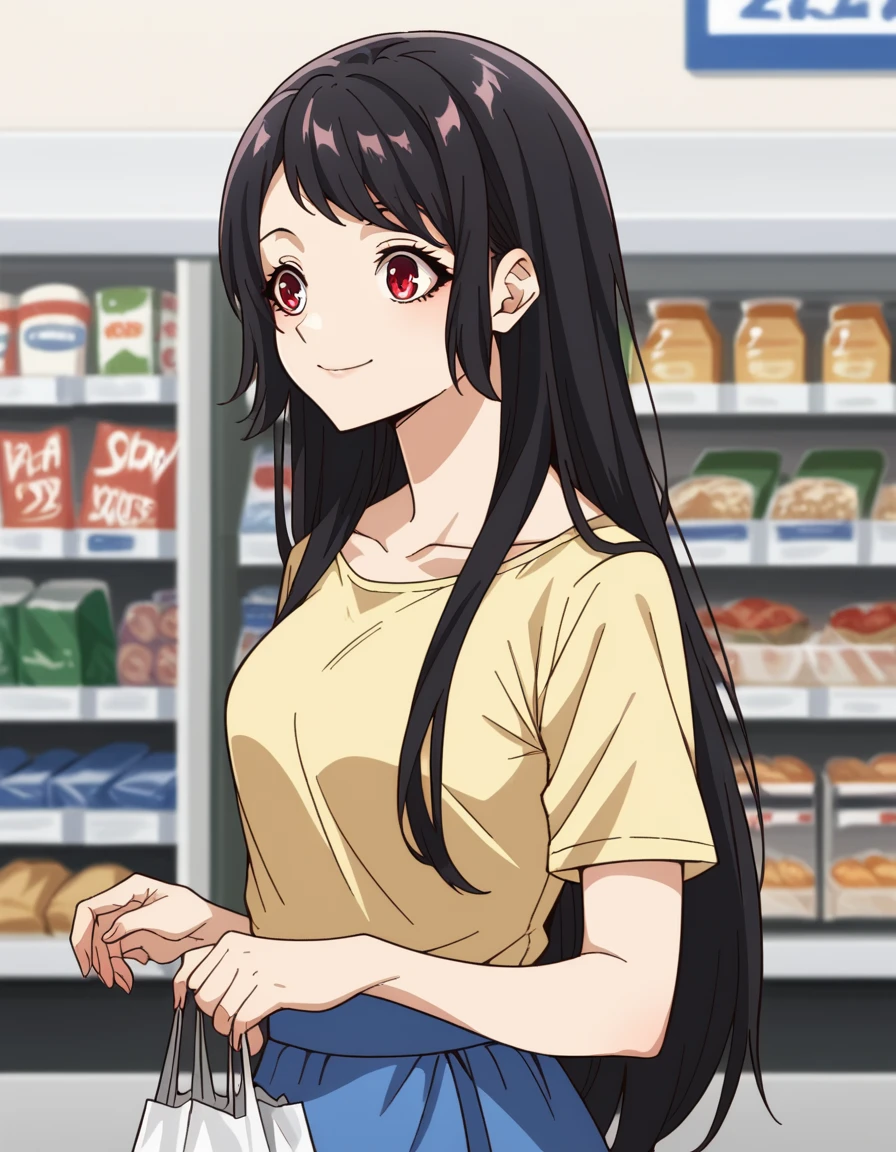 score_9, score_8_up, score_7_up, source_anime, <lora:kaori-houjou-s1-ponyxl-lora-nochekaiser:1>, kaori houjou, long hair, bangs, black hair, red eyes, sidelocks, medium breasts, skirt, shirt, collarbone, short sleeves, bag, blue skirt, yellow shirt, handbag,, grocery store, cashier, shopping bag, scanning items, small talk, everyday routine, smile, , from side, solo,, cowboy shot, dutch angle,