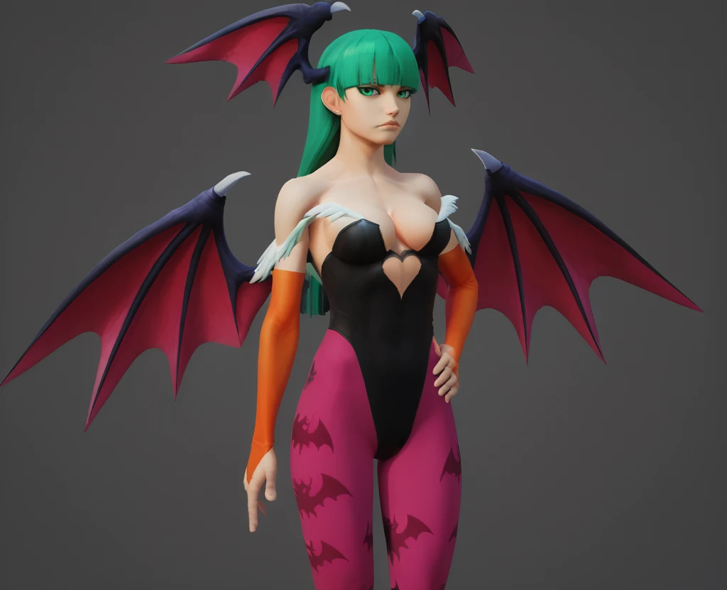 score_9, score_8_up, score_7_up, score_6_up, score_5_up, score_4_up, simple background, realistic, <lora:Morrigan_SFM_style-000010:0.8> , am2, print legwear, boots, cleavage, breasts, head wings, portrait, arm behind back, green hair, green eyes, elbow gloves, bangs, hand on own hip, portrait, light smile, fur trim,