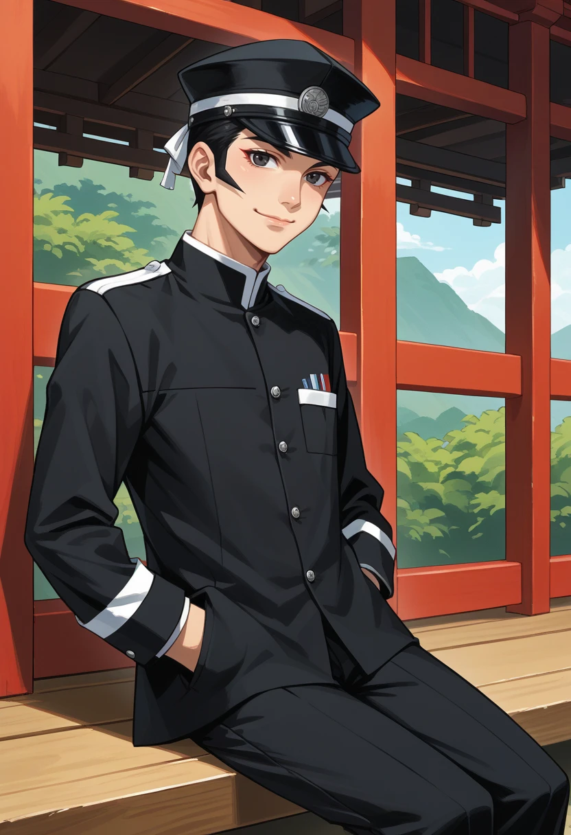 score_9, score_8_up, score_7_up, source_anime BREAK 1boy, solo, japanese shrine, looking at viewer, smile, closed mouth, confidant
<lora:zs_RaidouXL:1> raidoudsrk, short hair, black hair, black eyes, shako cap, black uniform, pants, hands in pockets, sitting