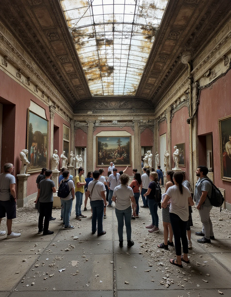 A large museum hall with statues and paintings, a group of people standing around a guide explaining a famous artwork., <lora:urban_decay_v10_rank64_bf16-step02016:1>, urban_decay_rooms