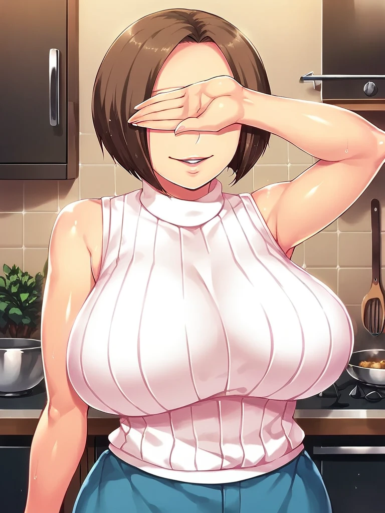 score_9, score_8_up, score_7_up, 
1girl,
standing, kitchen, sweater, sleeveless, blue skirt, covering eyes, smile, parted lips, facing viewer, 
hatsufuji akari, brown hair, medium hair, parted bangs, mature female,  huge breasts,