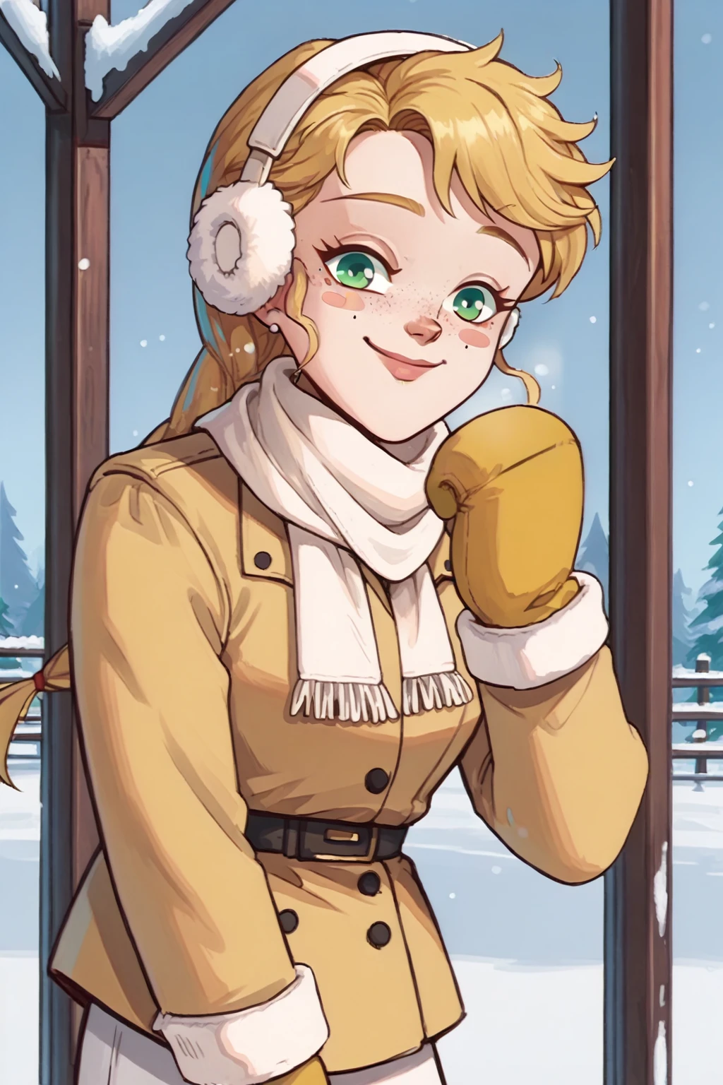 score_9, score_8_up, 1girl, solo, <lora:NSEmilyPortia:1> NSEmilyPortia, green eyes, blonde hair, single braid, long hair, stud earrings, freckles, happy, smug, pale skin, winter, earmuffs, white scarf, snow, yellow coat, white mittens, blush stickers, white leggings, Christmas