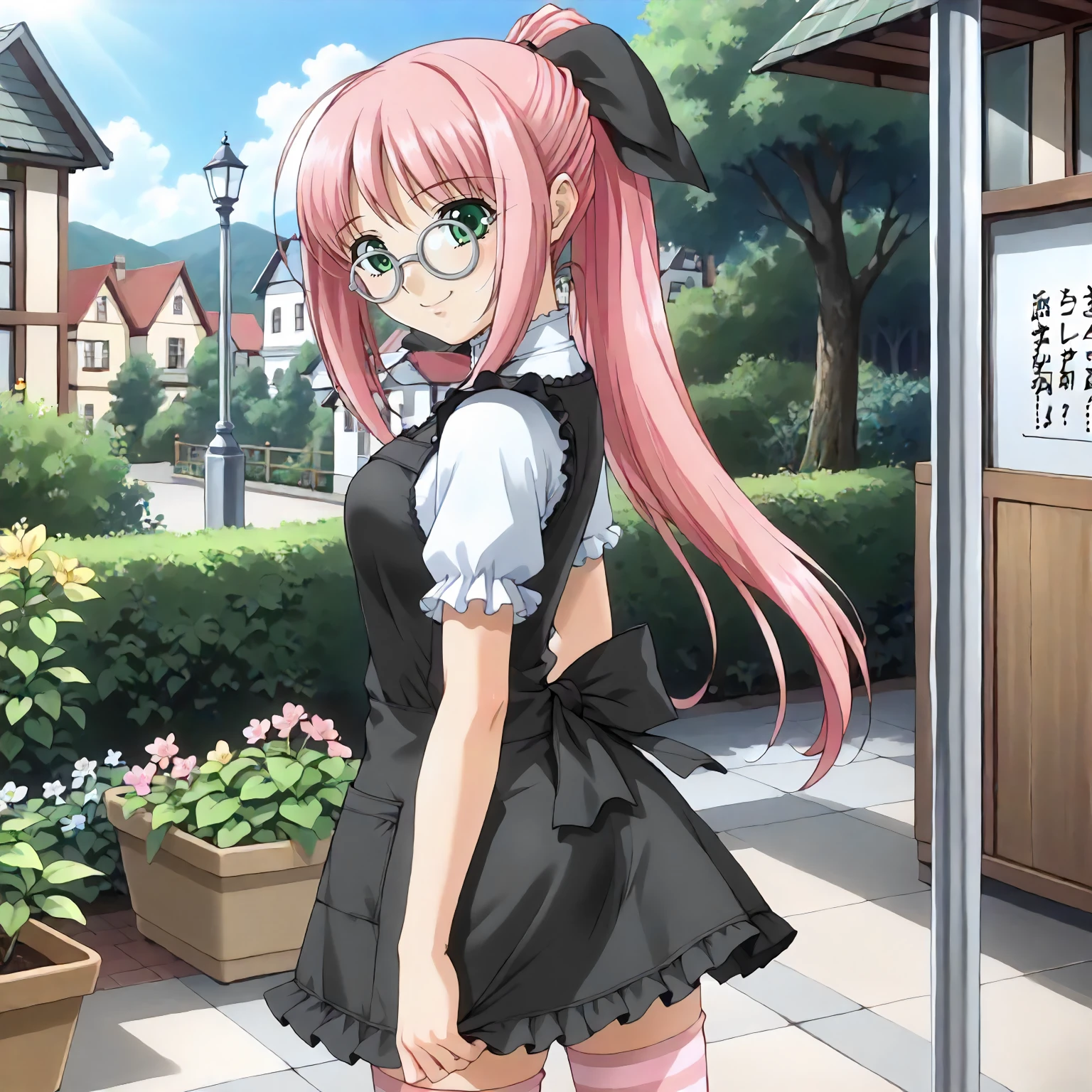 <lora:AtB_LurisHanamaruXLpony001>,
outdoors,
smile,
solo,
LurisHanamaru,1girl,pink hair,ponytail,hairbow,green eyes,eyewear,
apron dress,black apron,short_sleeves,
black skirt,
pink striped socks,
standing,looking back,