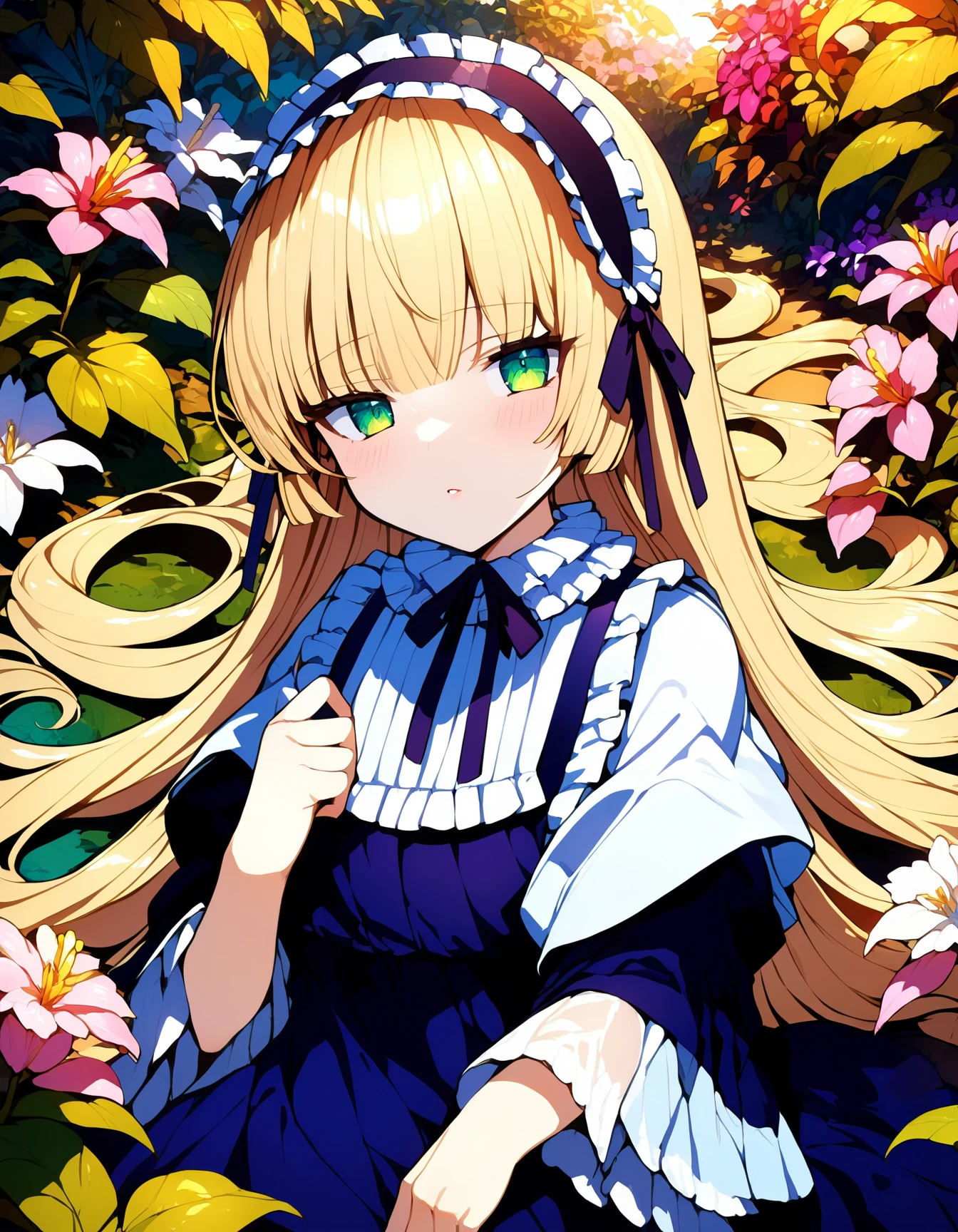 <lora:victoriquepony:1>score_9, score_8_up, score_7_up, score_6_up,1girl, bangs, black dress, black ribbon, blonde hair, blush, flower, frills, green eyes, hairband, hime cut, long hair, long sleeves, parted lips, pink flower, solo, very long hair, victorique, wide sleeves <lora:quality1:1> <lora:DetailedEyes_V3:0.9> <lora:GoodHands-vanilla:0.9>