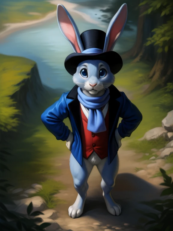 <lora:ArtfulDodgerBunYif:0.8>  ArtfulDodgerBun, bunny, (white sclera, Blue eyes, light blue fur, hat top hat, red shirt, blue jacket, blue scarf,)( chibi, small body,)
Looks at the viewer, [ solo, nature, forest, day, clouds, waterfall, nude, naced,]   ((Hands on hips, standing, high-angle view,))
beautiful, aesthetic, perfect, delicate, intricate, saturated colors, masterpiece, digital drawing, best quality,  
by Personalami, by Honovy, by Thebigslick, by Taran Fiddler