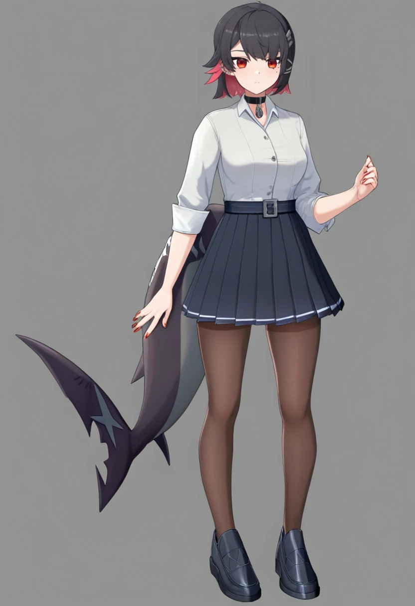 masterpiece, best quality, good quality, school uniform, ellen joe, 1girl, solo, standing, short hair, red nails, full body, tail, standing, school uniform, brown pantyhose, grey shirt, pleated skirt, school shoes, belt, pendant choker, simple background, gradient background<lora:ellen joe illustrious 010:1>