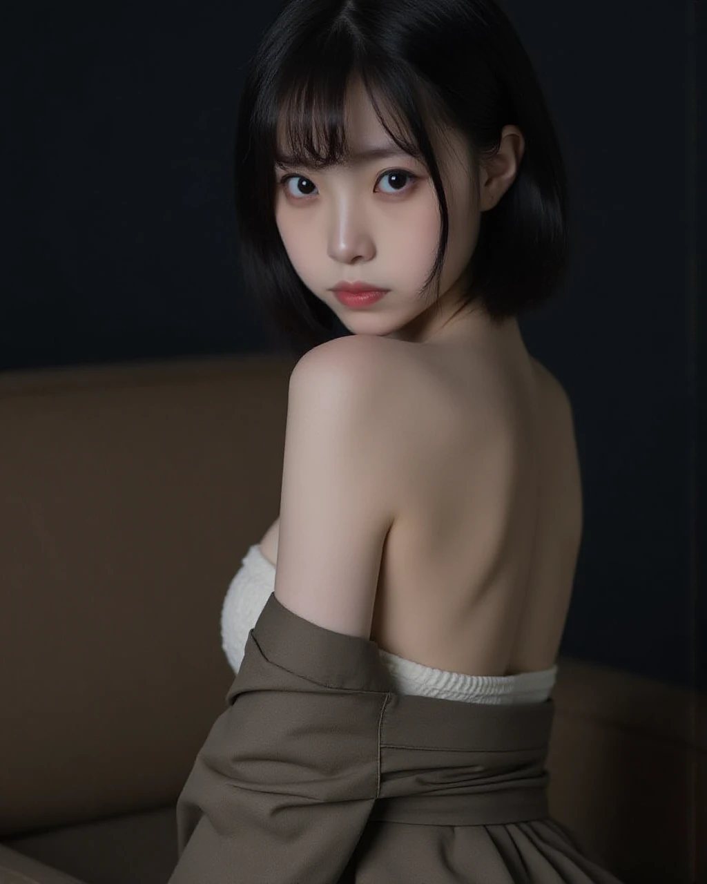 (masterpiece:1.2), Very detailed, Ultra-high resolution, (Realistic, photo Realistic:1.37), High-resolution RAW color photos, Professional photos, Dramatic lighting, Sharp focus:1.2, (Very detailed顔と肌の質感, Very beautiful eyes, Glossのある肌, Glowing Skin, Glowing Skin, Shining Face, Gloss, Oily skin, greasy face, Oily skin, greasy face, 強いGloss), Perfect Anatomy, whole body、Very detailed背景, 1 female, 25-year-old woman, Japanese women, (Short Bob Hair, Straight hair, bangs:1.3, Brown Hair), (Lean：Weight 1.0), (Flat Chest:1.5), ((Bedroom)), (((night))), (((dark部屋))), (((dark:1.6))), (((Turn around and look back))),((((Sensualポーズ、Erotic、Invite to sex)))),(((Showing her ass))),((Sensual)), Warm color scheme,((Sweaty skin)),, ((Glowing Skin)), (((Black thong panties))), (((((Upper body naked))))), (((((Don&#39;t show your nipples)))))、(real Glossのある肌 texture), (Glowing Skin), ((Scary face)), ((Displeased)), ((On the verge of tears)), (((White skin))), ((Browsing Caution))