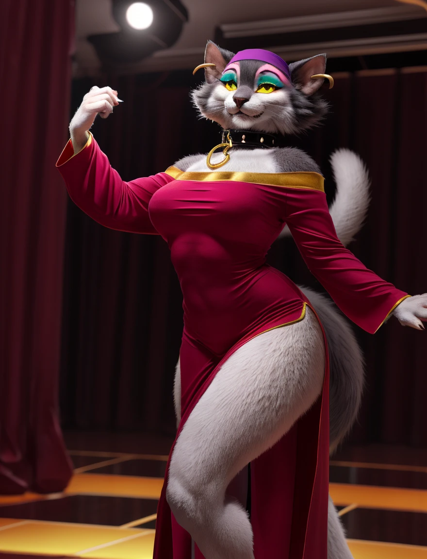 msfortune, female, cat, collar, bandana, yellow sclera, ring piercing, dress, makeup, bedroom eyes, smile, dance club, by patacon, <lora:MsFortune_03-YiffyMix-nd064-ep26:1>