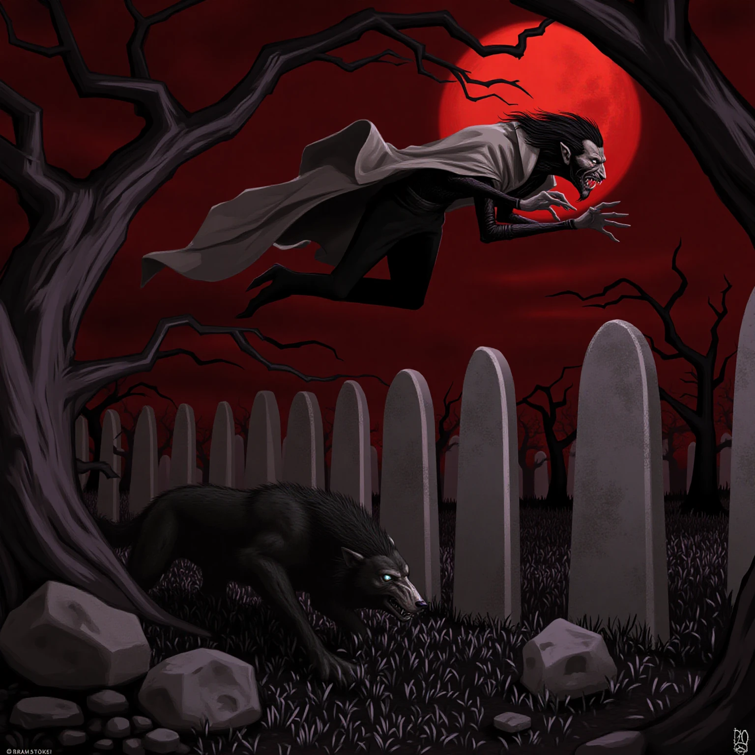 duo, sinister, vampire, night, outside, flying, cape, traditional media (artwork), cemetery, lurking, This chilling digital painting showcases a vampire and a wolf in an ancient cemetery inspired by Bram Stoker’s “Dracula.” A menacing vampire with a flowing cape flies above a wolf lurking among the tombstones under a blood-red moon. The scene radiates fear and horror. Artist signature “Bram Stoker” visible at bottom right.