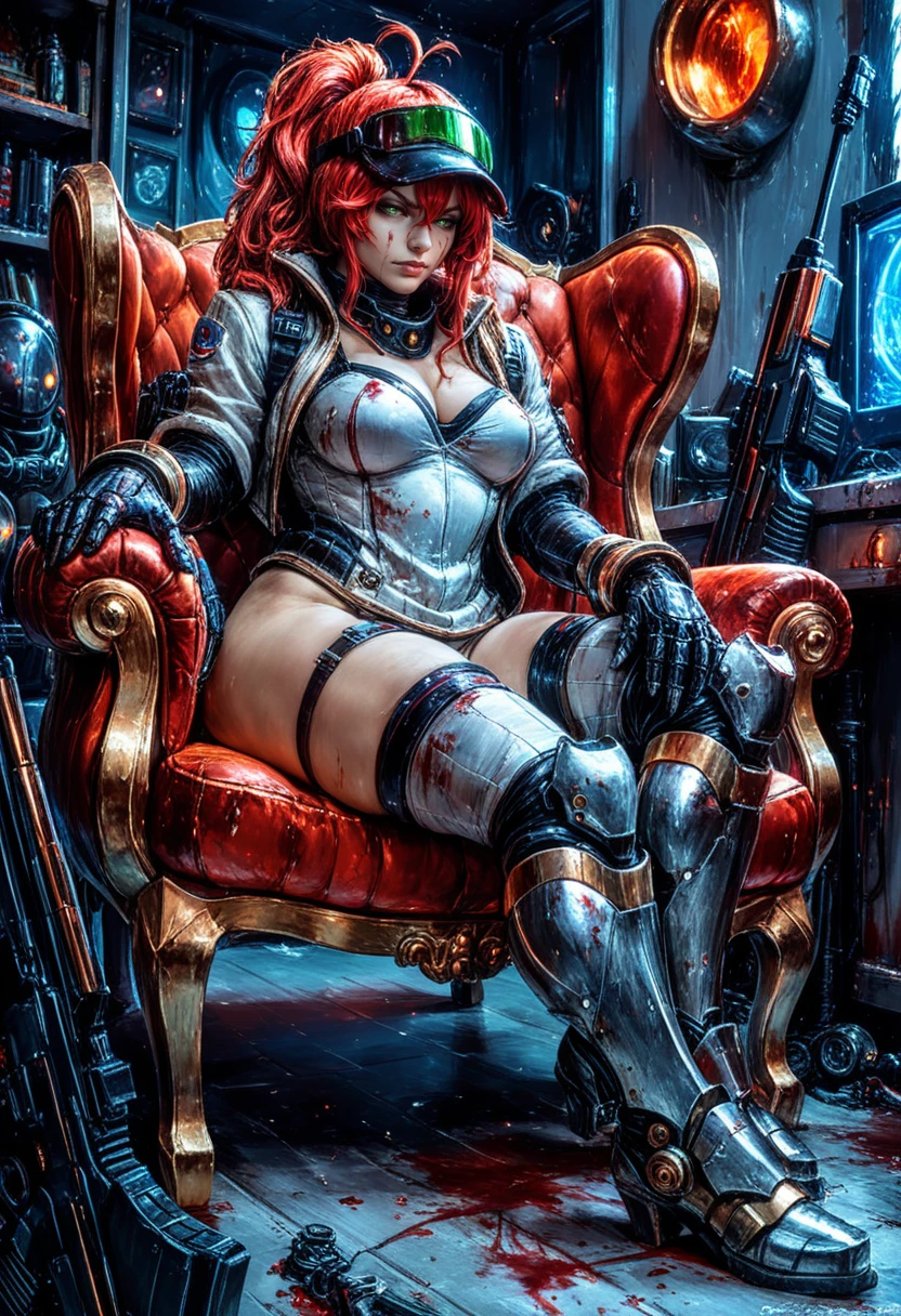 (Cutesexyrobutts:0.95), (guweiz:0.95), ilya_kuvshinov, J.K., (Quasarcake:0.3), Solo, 1girl, Villainess, power armor, rerebrace, couter, gorget, armored boots, assault visor, half-closed eyes, red hair, ponytail, green eyes, blood on face, blood on clothes, gold trim, black clothes, sitting, chair, planted rifle, living room,
absurdres, highly-detailed, best quality, masterpiece, very aesthetic,