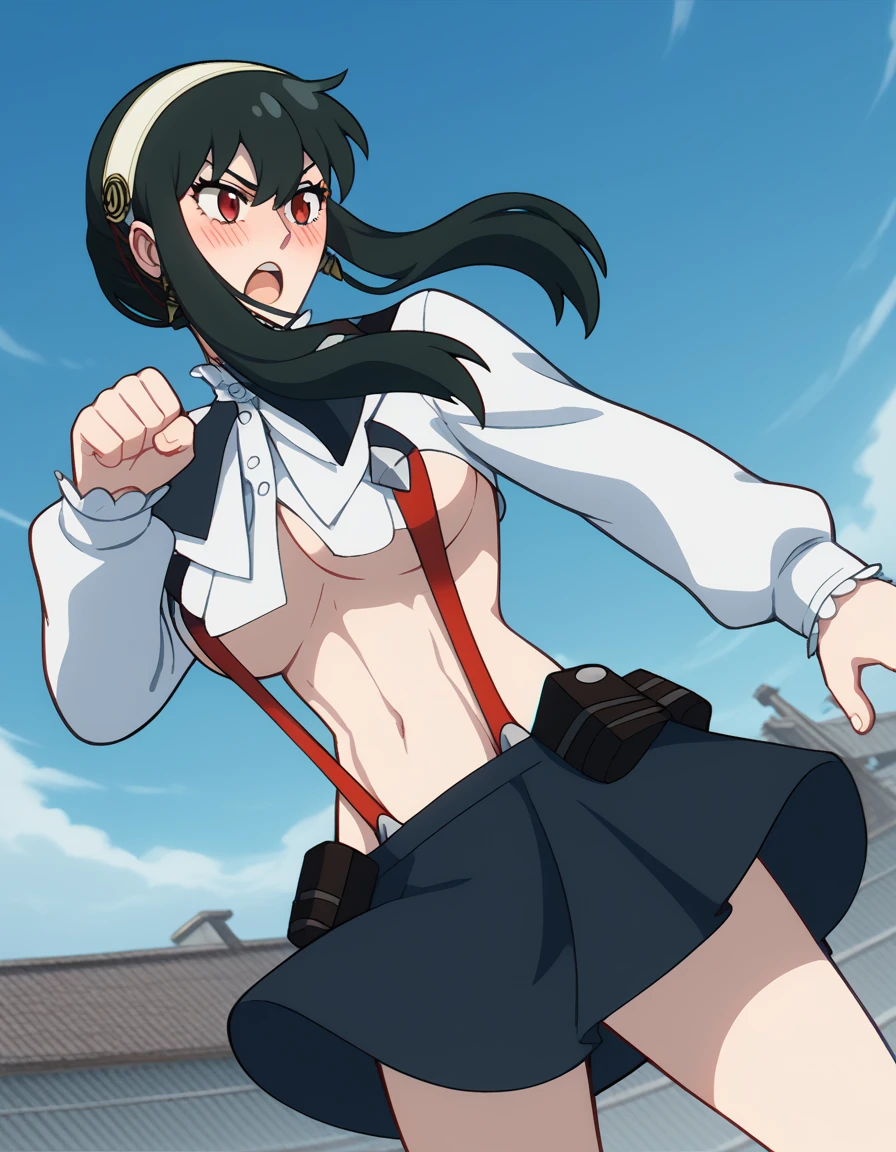 score_9, score_8_up, score_7_up, source_anime, <lora:yor-briar-movie-ponyxl-lora-nochekaiser:1>, yor briar, black hair, red eyes, sidelocks, hairband, short hair with long locks, white hairband, large breasts,, <lora:ryuuko-matoi-cosplay-ponyxl-lora-nochekaiser:1>, ryuukomatoicosplay, matoi ryuuko (cosplay), living clothes, navel, revealing clothes, showgirl skirt, skirt, suspender skirt, suspenders, underboob, life fiber, midriff, sideboob,, outdoors, open mouth, blush, fighting stance,, , cowboy shot, dutch angle,