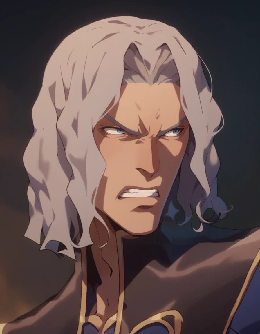 score_9, score_8_up, score_7_up, score_6_up, score_5_up, source_anime, 1boy, solo, grey hair, wavy hair, facial hair, blue eyes, collar, angry, clenched teeth, looking away, close-up, profile view, <lora:Hector_Castlevania:0.9> hec70rs2,