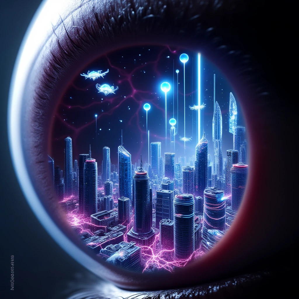 professional 3d model  ral-exposure A surreal, hyper-detailed close-up of a human eye, with a futuristic 3D cityscape built into the iris. Skyscrapers and modern buildings curve around the inside of the eye, as if the city is growing outward from the pupil. The architecture is detailed and dense, with towering glass and steel structures reflecting light.
Arcs of electric power pulse between the buildings, crackling with energy, creating a futuristic and technological atmosphere. The electricity glows in vibrant neon huesâblues, purples, and whitesâcasting a luminescent light across the cityscape, illuminating the buildings in a subtle but powerful way.
Floating above the city within the eye are several glowing balloons or drones, suspended mid-air. These objects hover gently, emitting a soft glow, contrasting with the rigid, industrial feel of the cityscape. They add an element of whimsy and movement, giving the entire scene a dreamlike quality.
The outer edge of the eye reflects the city's lights and the glowing balloons, while subtle skin texture around the eye adds to the realism of the image. The overall effect is both futuristic and surreal, as if the eye itself holds a living, breathing city powered by energy and technology.
 . octane render, highly detailed, volumetric, dramatic lighting