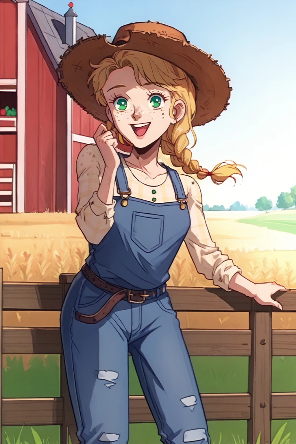 score_9, score_8_up, 1girl, solo, <lora:NSEmilyPortia:1> NSEmilyPortia, green eyes, blonde hair, single braid, long hair, stud earrings, freckles, straw hat, denim overalls, barn, happy, open mouth, outdoors